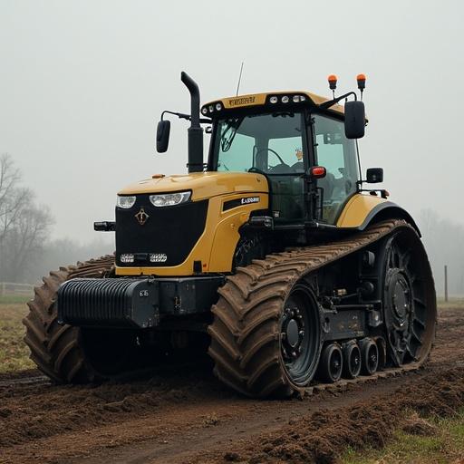 Tractor in a field with a foggy background. The tractor is predominantly yellow with large tracks. The environment is rural and agricultural.
