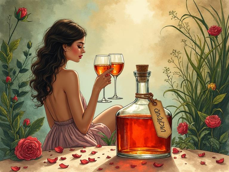 A vibrant and whimsical illustration of a goddess enjoying liqueur in a speakeasy. She wears a flowing silk dress. The scene includes jazz musicians and lush green plants. An apothecary-style bottle labeled 'ALFRUNO' is prominently displayed. The colors are earthy with golden accents. The mood is relaxing and elegant.