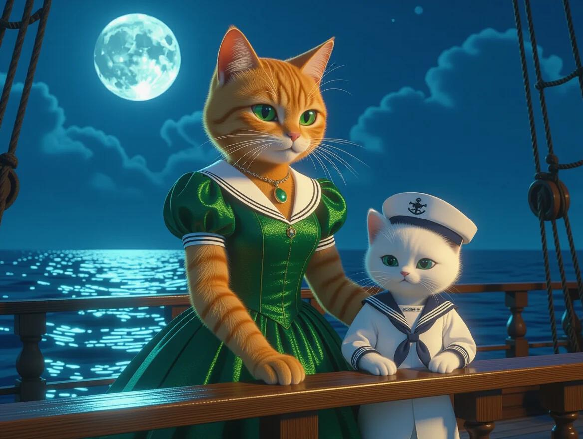 Dramatic nighttime scene aboard a ship. Full moon illuminates the ocean. Adult orange cat in an emerald green dress stands behind white kitten in sailor uniform. Serious expression on cat; thoughtful gaze from kitten. Emotional tension in the air. Dark ocean enhances drama.