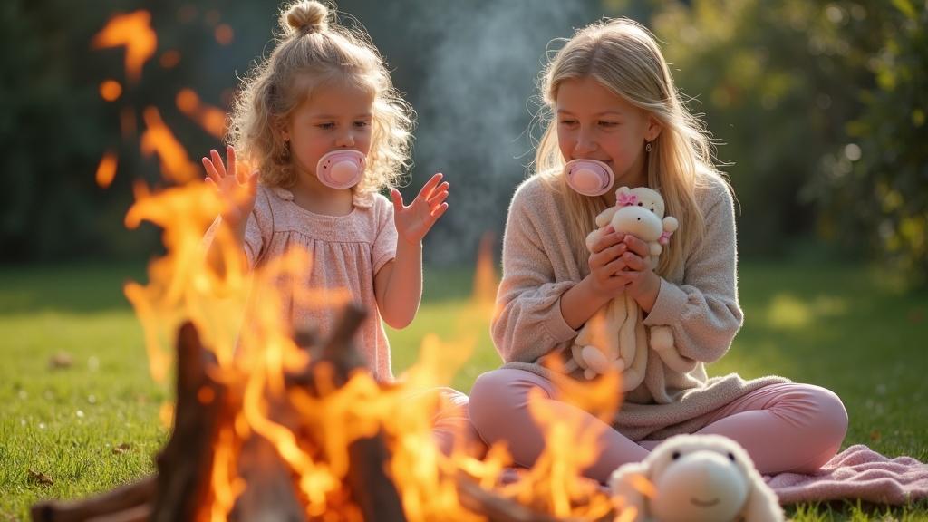 A joyful scene with two girls in a grassy yard. Mother throws stuffed toys into a bonfire. Young girl holds an oversized pacifier. Lively outdoor setting captures genuine family fun.