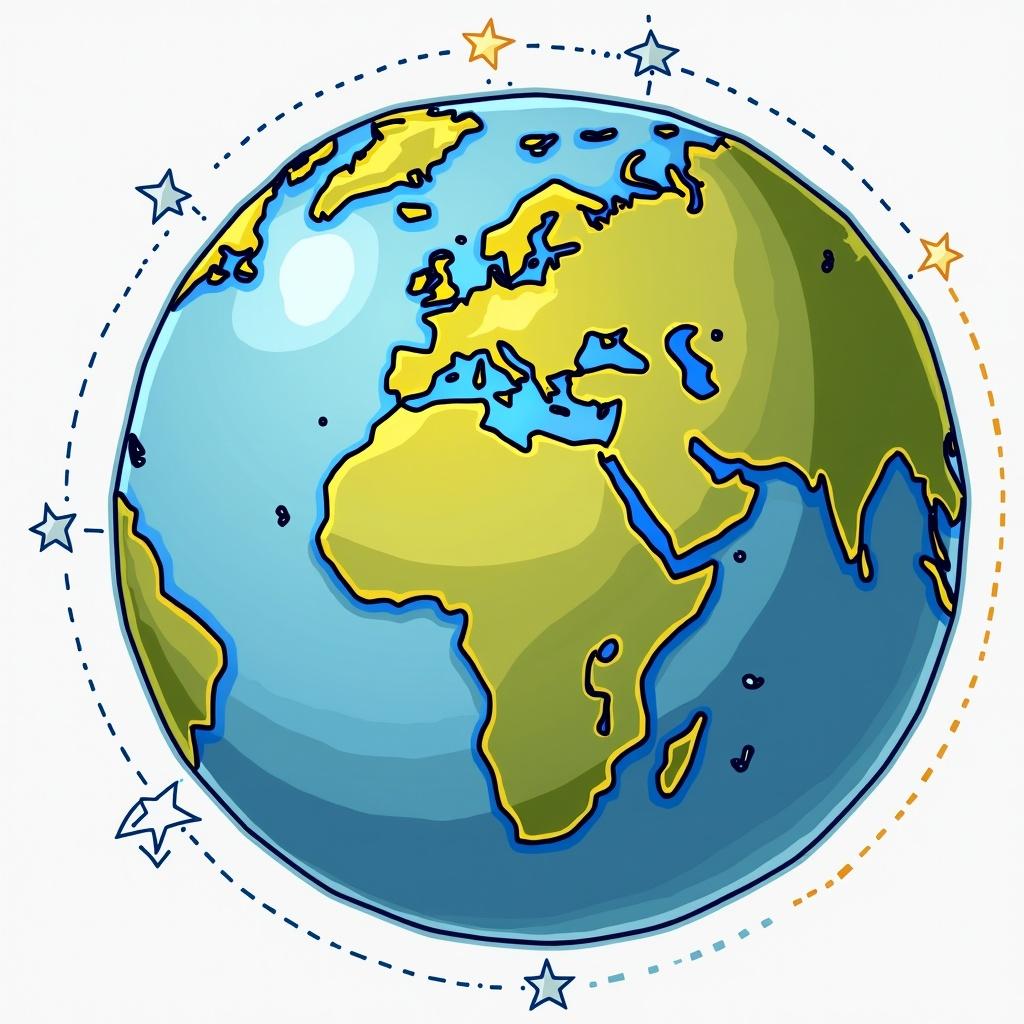 Illustration of a globe representing Earth. Lines show positions on the Earth. Indications of stars visible from different latitudes.