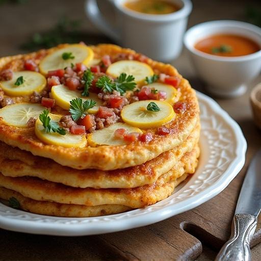 A stack of freshly made flatbreads topped with lemon slices and diced tomatoes. Sprigs of cilantro add freshness. Served with sauces in cups. Beautifully arranged on a plate.