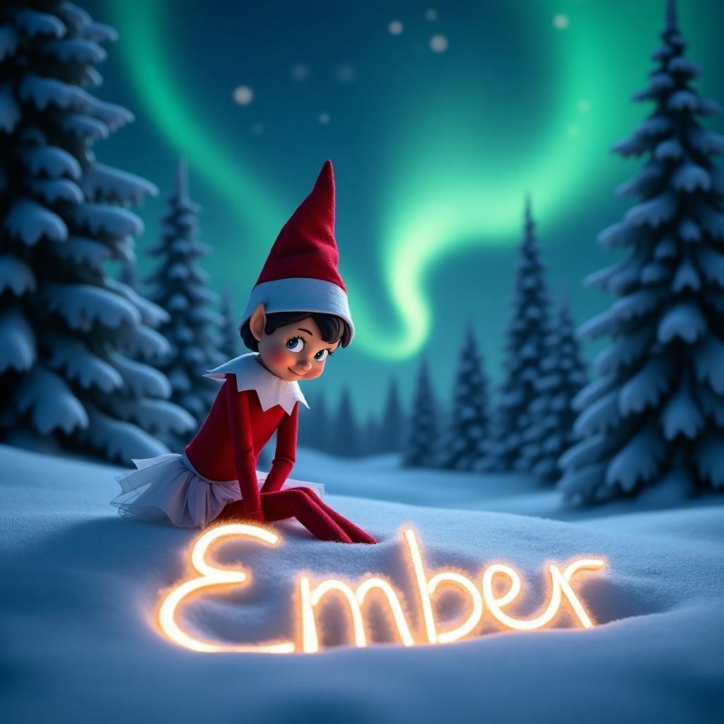 An animated girl elf sits in snow writing the name Ember. The elf wears a red outfit and a white skirt. She writes cursively in illuminated snow. The backdrop shows a night sky with northern lights. Snow-covered pine trees enhance the scene.