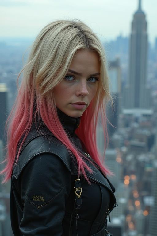 Attractive young woman with waist-length blonde hair with red highlights and pink tips. Bright blue eyes visible. Dressed in tactical assassin gear. Resting and observing a cityscape with skyscrapers. Carrying a pistol.
