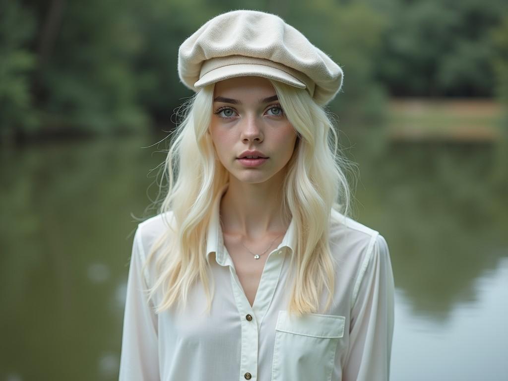 A striking portrait of a woman standing by a serene lake. She wears a stylish beige beret and a white blouse, her blonde hair cascading in soft waves. The background is softly out of focus, enhancing the tranquil ambiance of the natural setting.