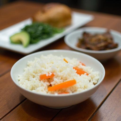 Photograph shows three dishes on a wooden table. A white bowl filled with white rice and orange carrot slices is in focus. A white rectangular plate contains green leafy vegetables and a green avocado slice. A small metallic bowl holds brown beef with sauce. The image uses shallow depth of field. Natural light enhances a soft background focus. The atmosphere is relaxed and appetizing, highlighting the textures of the meal.