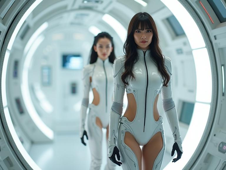 Futuristic scene depicting a capital spaceship interior. Solid white color dominates the design. Two women wearing bikini style uniforms stand confidently. High-tech flight controls visible in the background. Cyber implants are integrated into their attire. Interior features circular design and high-tech ambience.