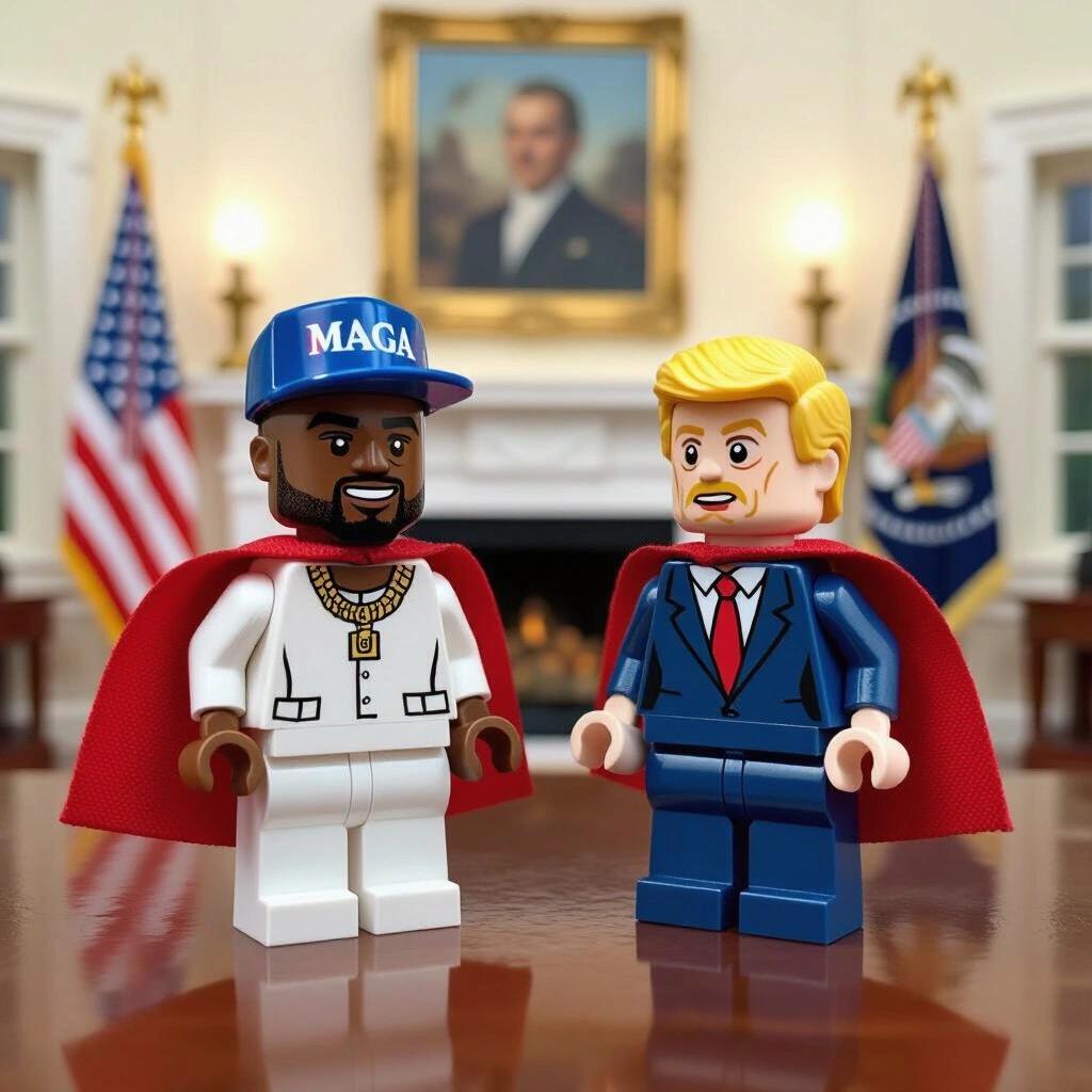 MAGA hat worn by Lego character of Kanye West. Lego character dressed as Donald Trump stands beside. Background simulates Oval Office. Bright colors dominate the scene.