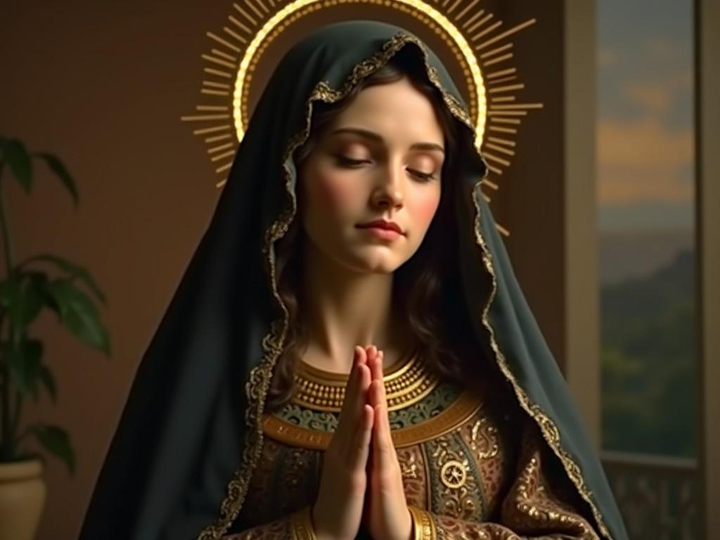 This image depicts a religious figure, possibly Mary, with a serene expression that conveys a sense of peace and reverence. The figure has hands clasped in prayer, suggesting a deep connection to spirituality. She is dressed in a richly adorned garment, featuring intricate designs and a significant amount of detail in the fabric. A dark veil frames her face, while a golden halo surrounds her head, symbolizing holiness and divinity. The overall color palette is warm and inviting, with a subtle background that hints at a twilight setting, enhancing the spiritual ambiance.