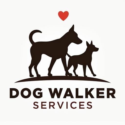 Logo design for dog walking services featuring silhouettes of two dogs and a heart above.