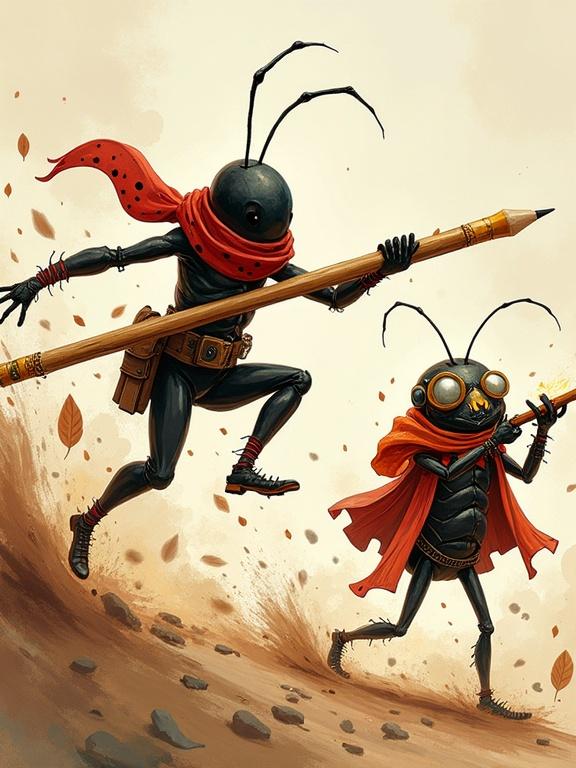 Epic cartoon battle with brave ant warrior wearing a red scarf and patchwork clothes leaping into action with a giant pencil. Fierce ladybug girl in red and black armor swinging a slingshot. Clumsy inventor beetle in goggles and messy coat tripping and launching a firecracker. Dynamic action, cartoon dust clouds, flying leaves, sparks, ink and watercolor texture, dramatic lighting, playful yet intense energy.