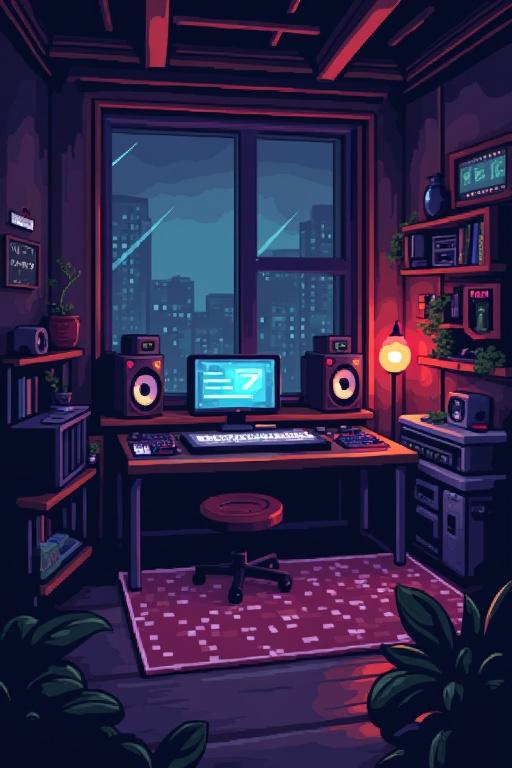 Pixel art style of a dark music studio featuring a desk with computer speakers records plants books and a window showing a cityscape at night