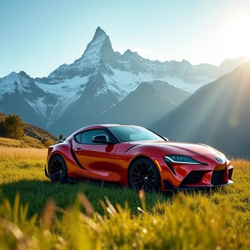 A shiny Toyota car is parked in a green meadow at the base of a tall mountain. The mountain resembles the Alps and has snow-capped peaks. Sunlight reflects off the polished surface of the car. The sky is blue and clear. The grass around is lush and swaying in the breeze. The scene represents freedom and adventure with a cinematic feel.