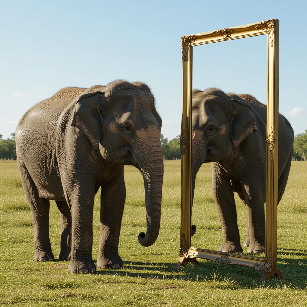 Generate an ultra-realistic image featuring an elephant looking into a mirror in a natural setting.