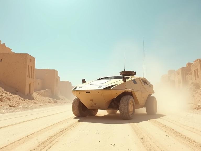 A sci-fi military APC vehicle on a dusty road in a desert stone city. The vehicle has a light beige color with a polygonal bevel shape. The background shows ruins with blue sky and dust. The scene is realistic with details, shadows, and textures. The setting is bright and sunny.