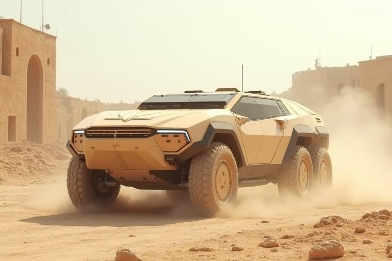 Cinematic sleek dusty light beige polygonal bevel shaped sci fi military APC vehicle in a white sunny desert stone city ruins with dust, realism, details, shadows, textures
