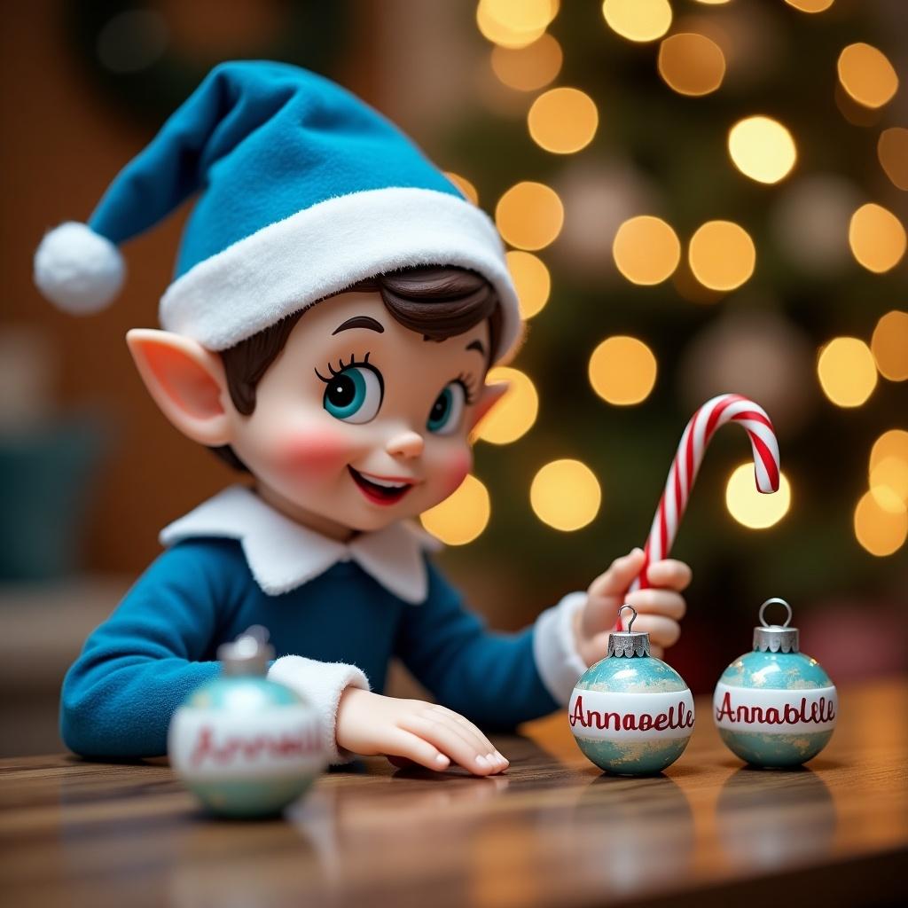 A charming Christmas elf dressed in cheerful blue attire, complete with a hat, is focused on writing names on decorative baubles. The elf has a playful expression and is sitting at a wooden table surrounded by holiday decorations. The background features a softly lit Christmas tree adorned with twinkling lights. The elf holds a red and white candy cane, adding to the festive atmosphere. This scene evokes a sense of holiday cheer and delightful anticipation. The name being written includes 'Annabelle,' emphasizing a personal touch for the festive season.