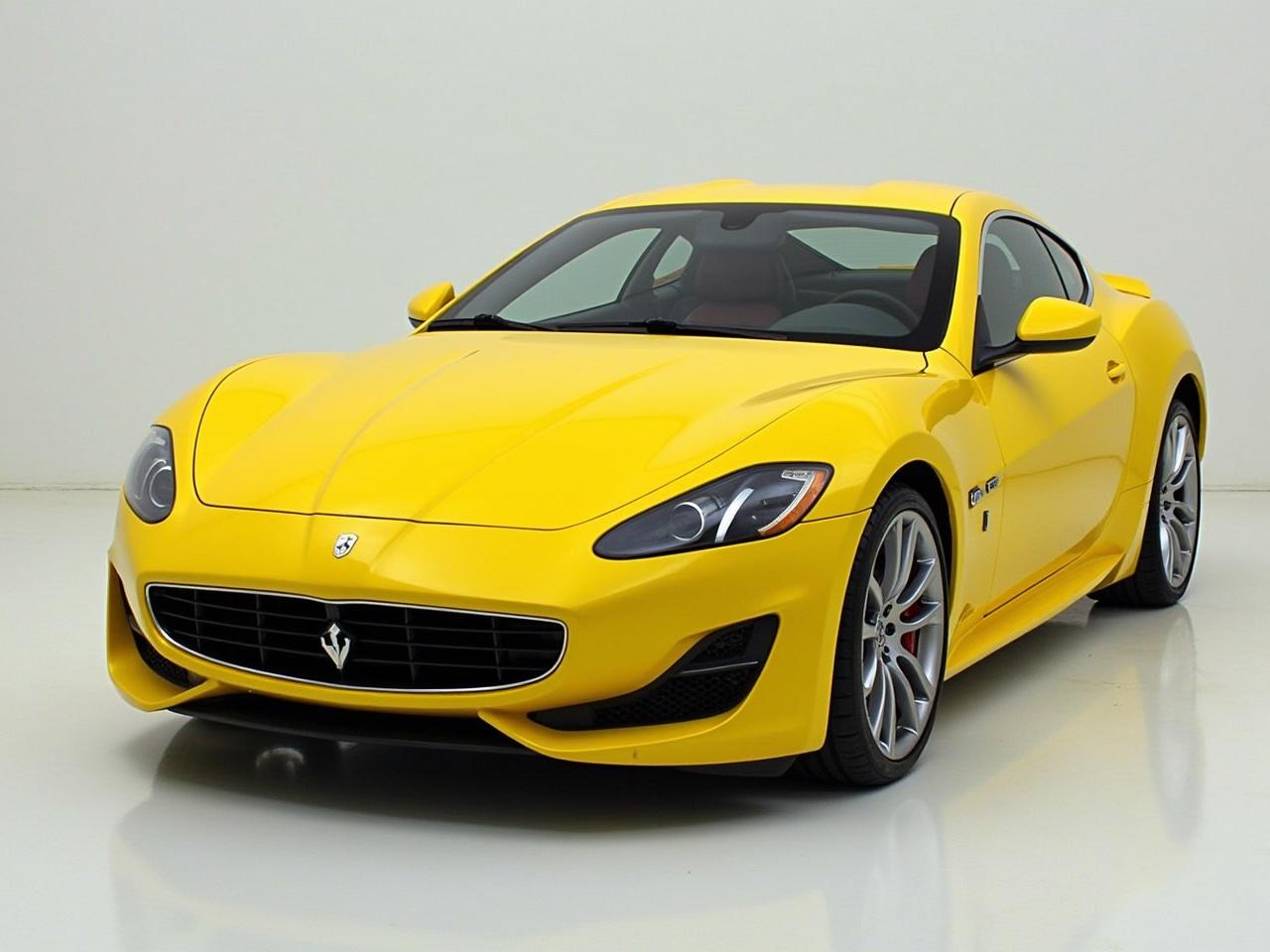 Show me this car from the front. The car is an eye-catching bright yellow with sleek lines and a sporty design. It features distinctive headlights and an aggressive front grille that stands out. The wheels have a classic wire design that adds to its sporty aesthetic. The overall appearance exudes speed and performance.