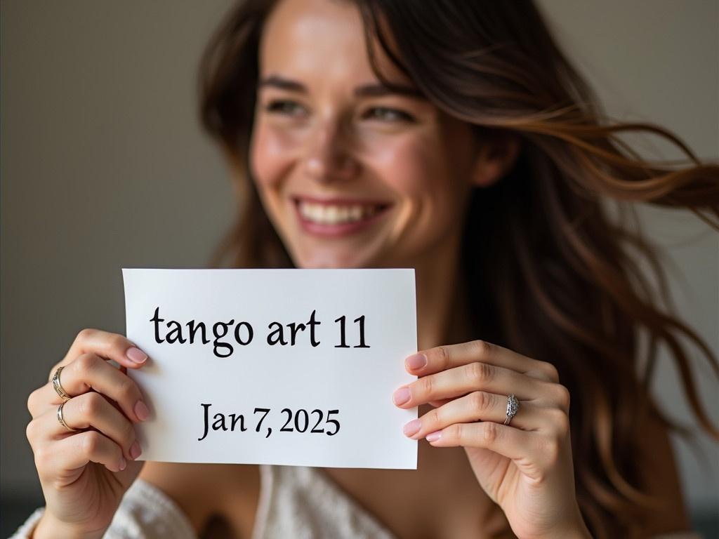 A young woman appears in the image, looking relaxed and playful while holding a sign. The sign reads 'tango art 11' with the date 'Jan 7, 2025' added below it in a clear font. She is slightly turned to the side, showcasing her shoulder and flowing hair. On her left ring finger, she wears a wedding ring, which is the only ring visible on her hands. The background is softly blurred, contributing to an intimate atmosphere.