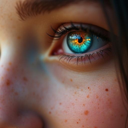 Extreme close-up portrait of a young woman with a synthetic eye. Eye has a camera lens iris with layers of optical glass. Realistic skin features are visible. Sclera and eye shape maintain anatomical accuracy. Soft lighting and bokeh background enhance the image.