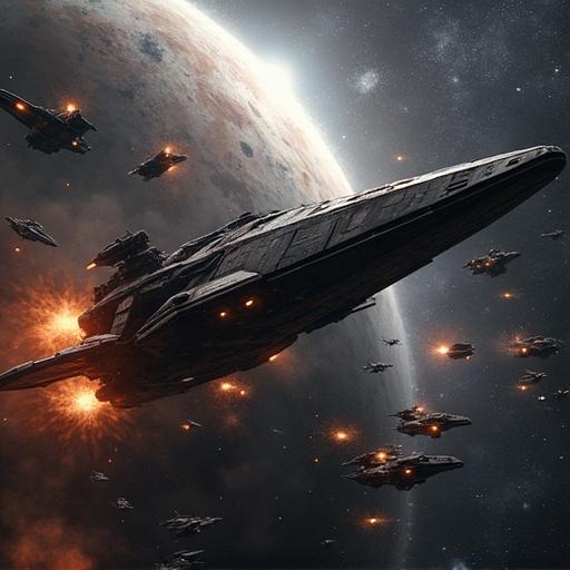 Futuristic fighter style spaceships in dark space setting with multiple craft in formation. Intense battle scene depicts chaotic dogfights. Explosions light up space with planet in background. Scarred surface shows bombardments. Action-packed, hyper-realistic space opera scene featuring sharp design lines of spaceships. Bright planets and stars fill background.