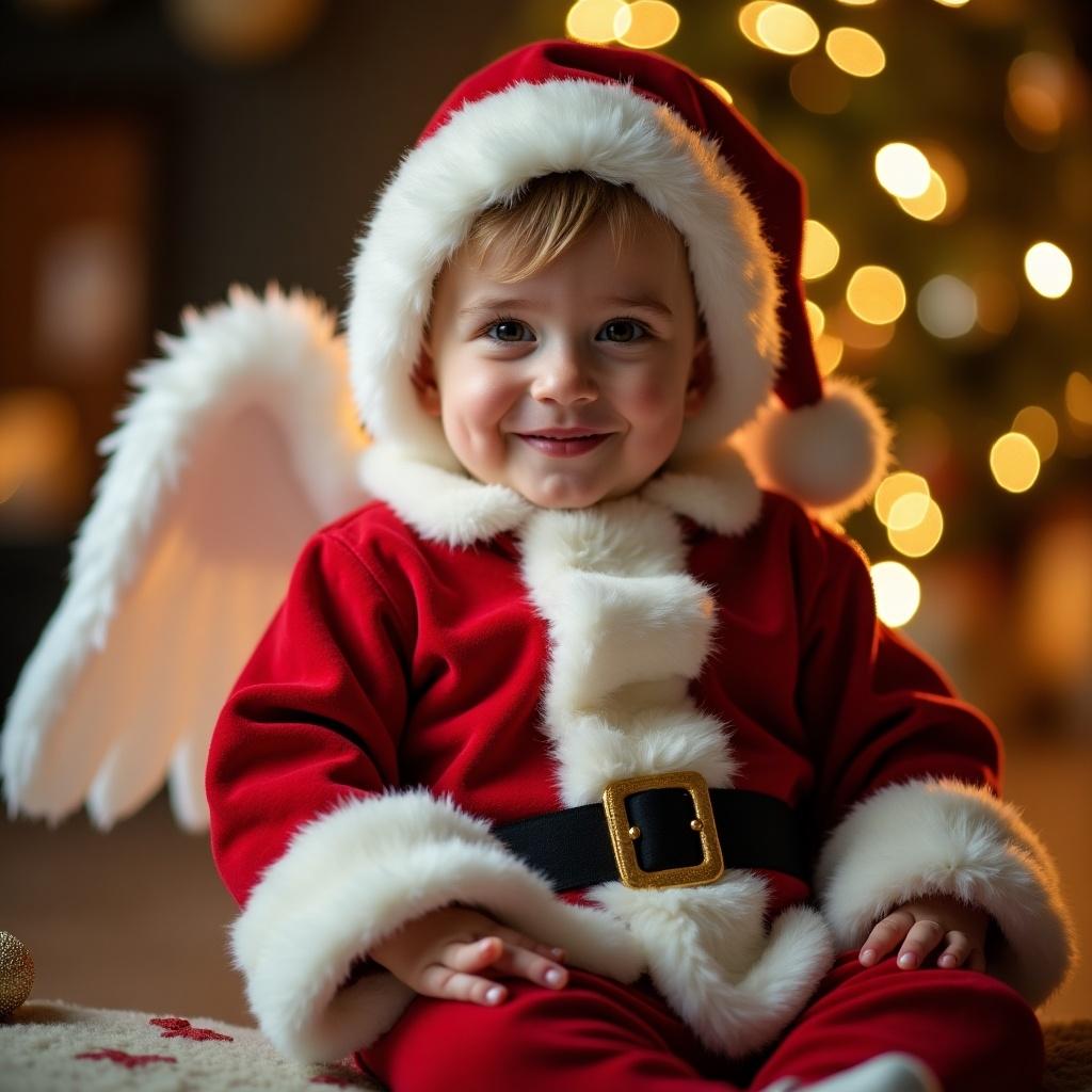 A cheerful baby boy named Luke, dressed in a red Santa costume with fluffy white trim. He has tiny angel wings attached, creating a whimsical look. The background features softly glowing Christmas lights, enhancing the holiday spirit. Luke has a joyful smile that radiates happiness. This scene captures the essence of Christmas magic through the innocence of childhood. Perfect for holiday-themed images, this adorable portrayal brings warmth and joy to the festive season.