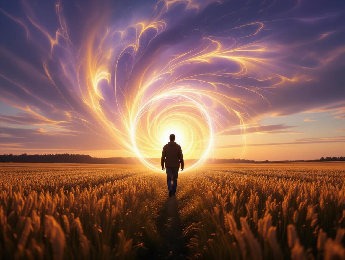 A human figure surrounded by radiant light walks through an energy portal in the middle of a silent field. The sky reflects spirals of consciousness in shades of gold and violet. This symbolizes transformation without return.