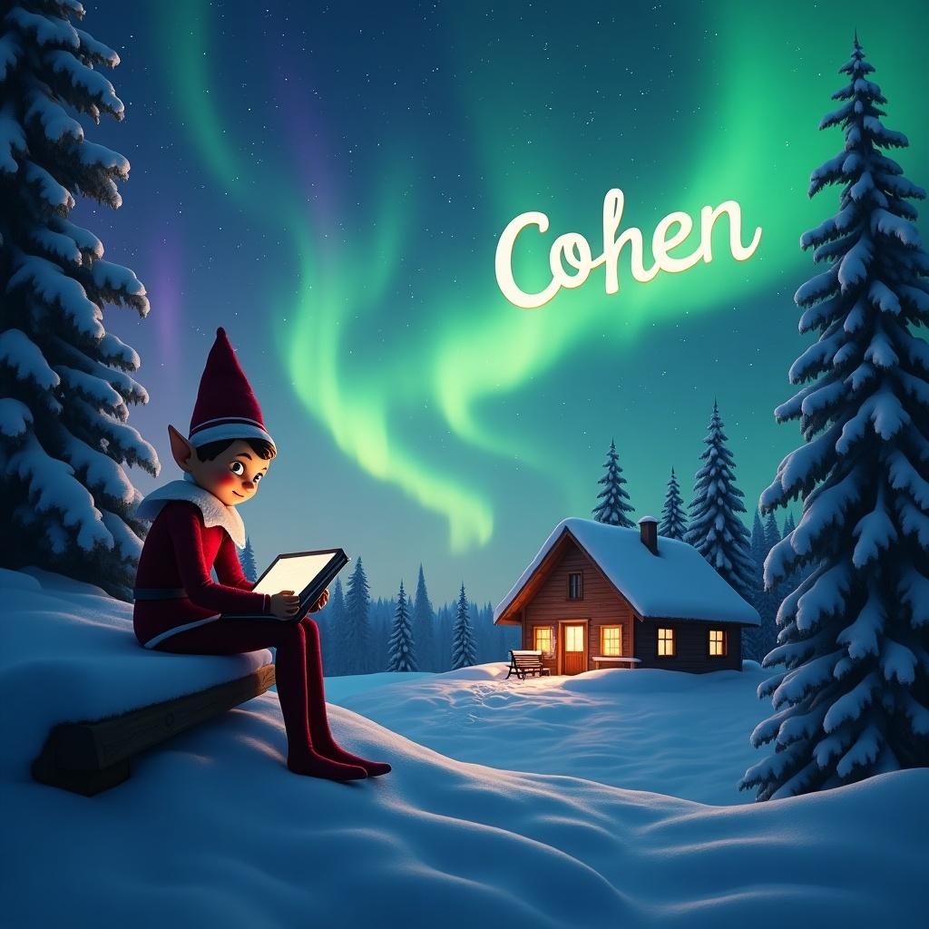 This image features a whimsical scene with a cartoon elf sitting on a snowy hill, engaged in writing the name 'Cohen' on a digital tablet. The background is adorned with stunning northern lights that illuminate the night sky in green and blue hues. A cozy wooden cabin is visible nearby, offering warmth amidst the chilly surroundings. The setting captures the essence of winter magic, appealing to children and families alike. The overall tone is magical and festive, making it perfect for holiday themes and marketing.