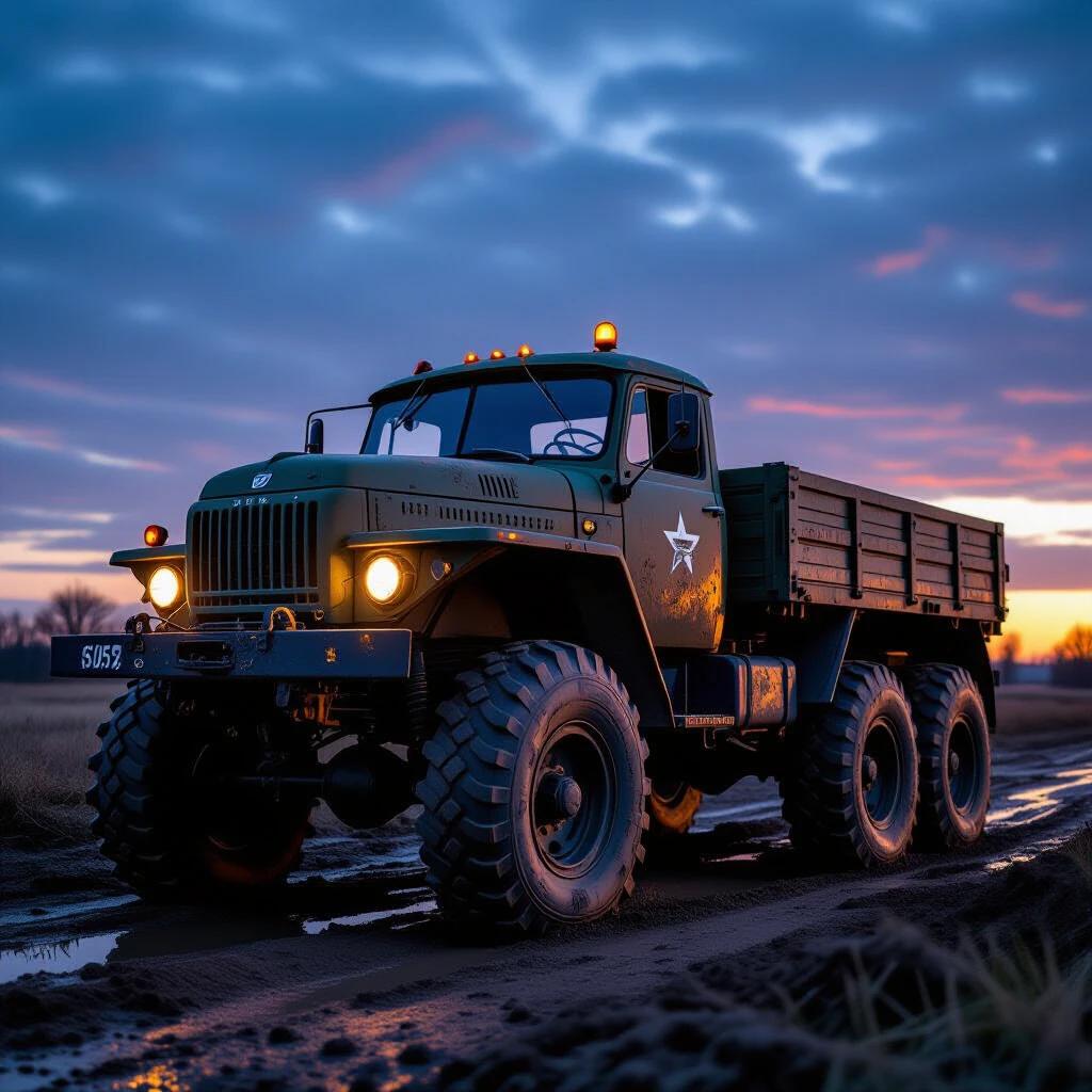 A Soviet ZIL-157 6x6 military truck is positioned prominently. The truck is covered in mud showcasing its off-road capabilities. The scene is set during dusk with a stunning sky. Photographed using a Hasselblad H6D with a 300mm lens at f/8 and ISO 800.
