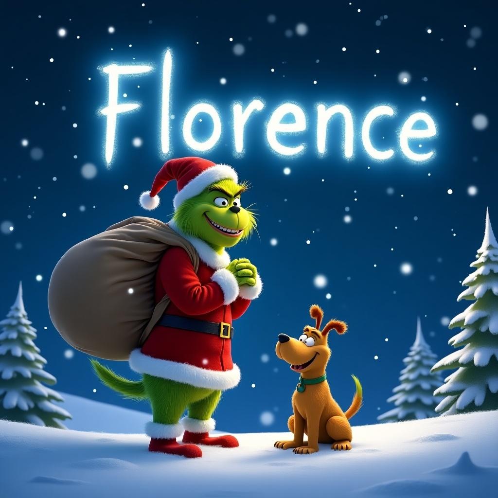 A Pixar-themed Grinch stands in a snowy landscape, writing the name "Florence" in the night sky with a magical light. He is clad in a festive red suit with white trim and carries a large sack on his back. His companion, the dog Max, is smiling beside him. The background features a starry night sky filled with sparkling stars. Snowflakes gently fall, creating a beautiful holiday scene. Surrounding pine trees enhance the winter wonderland feel.