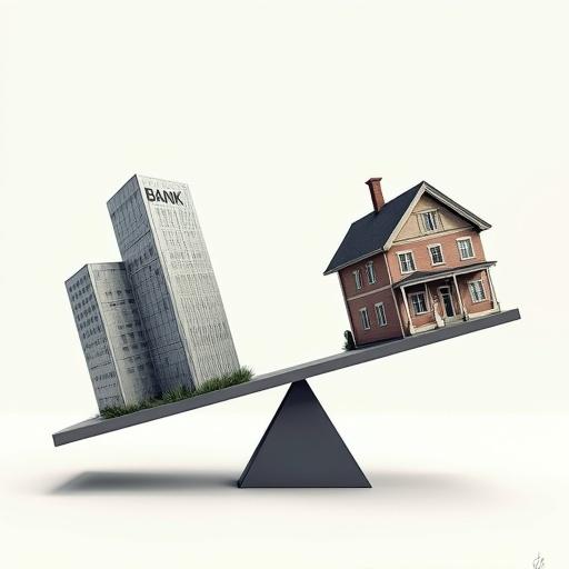 Digital illustration of a balanced scale. Left side features a modern bank building with a BANK text logo lifted high. Right side features a large Victorian-style home weighing down the scale. Scale shows imbalance clearly with the right side lower.