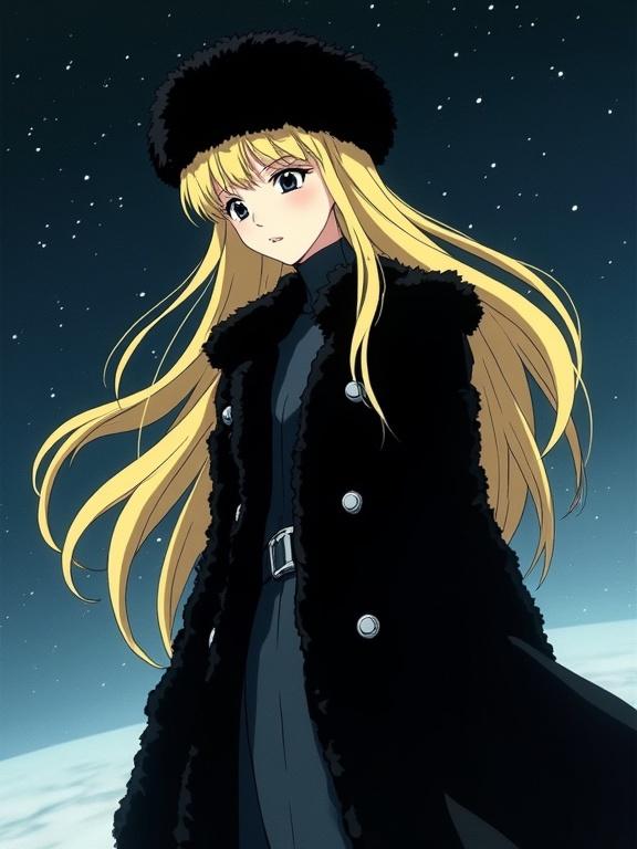 A beautiful space traveler with long blonde hair. She wears a black fur coat and a fur hat. The background is a starry night. The mood is nostalgic and ethereal.