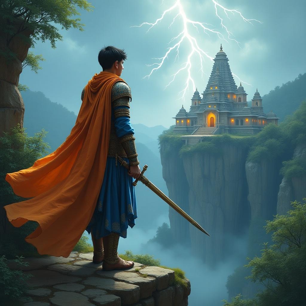 A young warrior in blue ornate armor stands on a rocky cliff. He holds a sword firmly while gazing at a majestic temple in the distance. The temple is surrounded by lush greenery, emphasizing the ancient kingdom ambiance. A dramatic monsoon storm creates a striking backdrop with lightning illuminating the scene. The warrior's long orange veil flows in the wind, adding contrast to his attire. This mesmerizing scene captures a moment of anticipation in a fantasy world.