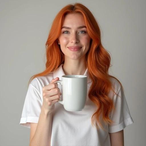 Attractive ginger woman holds large white mug in right hand. She wears a white uniform. Front view showcasing the mug. No visible seams or text makes it ideal for product mockup applications.
