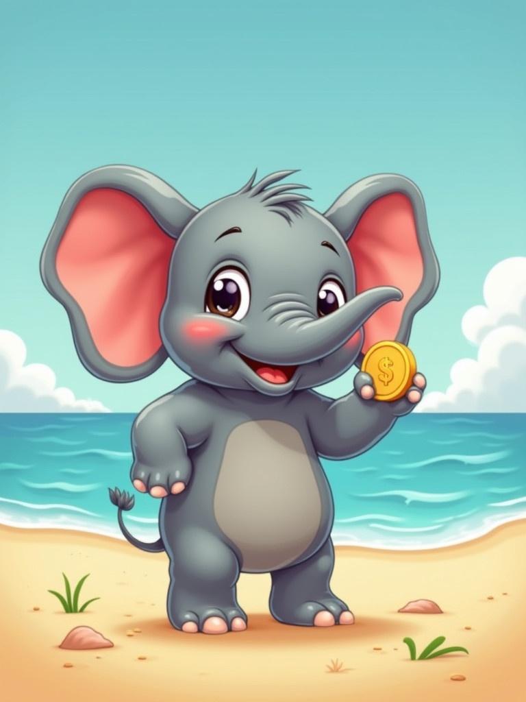 Cute animated elephant character styled for logo. Elephant holds a coin. Surrounded by a beach setting with blue water and sandy shore.