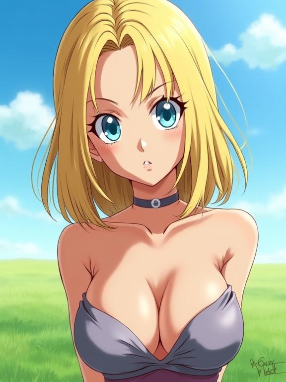 Digital anime illustration of a character with shoulder-length blonde hair and blue eyes. The character is in a seductive pose outdoors. Background features green grass and a blue sky. The character's expression is sultry. Emphasis on attractive features in stylized anime art.