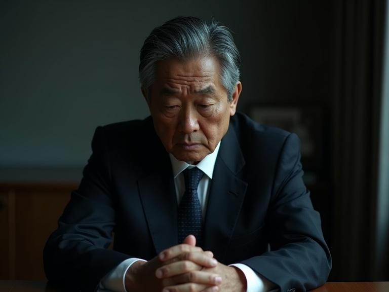 Melancholic Japanese businessman in 50s sitting alone. Deeply sorrowful expression. Eyes slightly downcast, brows furrowed with worry. Wearing a dark business suit. Tie slightly loosened, shoulders slumped forward. Hands clasped or resting on desk. Quiet, dimly lit office or hospital room. Soft lighting emphasizes somber mood. Photorealistic style, medium close-up shot. Vulnerability and contemplation conveyed.