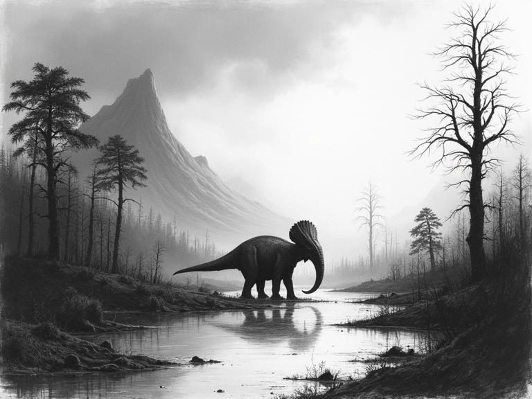 Desolate Jurassic landscape sketched in charcoal. Towering ferns and distant volcanoes fading into mist. A lone sauropod silhouette trudging through a barren swamp. Skeletal trees leaning in silence. Heavy sky overhead. Charcoal drawing style. Mournful and ancient tone. Soft shadows and smudged texture evoking memory and extinction.