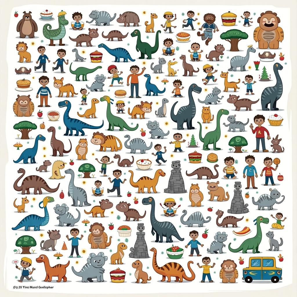 A lively and colorful arrangement features various cartoon characters, dinosaurs, sports items, food, and transportation. The design resembles a Where's Waldo game board layout.