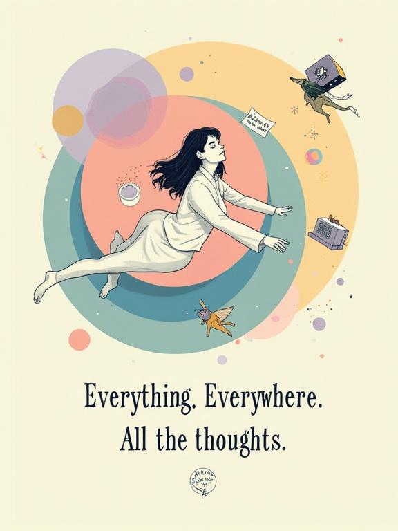 Surreal vector-style illustration. Floating adult androgynous figure in soft curled position. Eyes wide open with sparkles. Colorful circular layered background. Items like toaster and dinosaur float around. Typography at bottom stating thoughts. Transparent background.