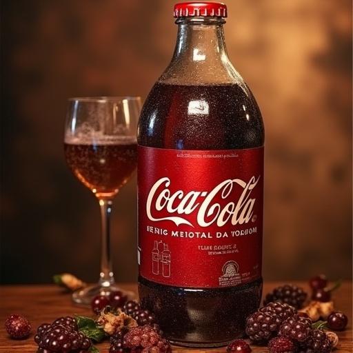 A Coca-Cola bottle in ultra high definition with a glass nearby. Grapes are placed around the bottle. Warm lighting emphasizes the drink.