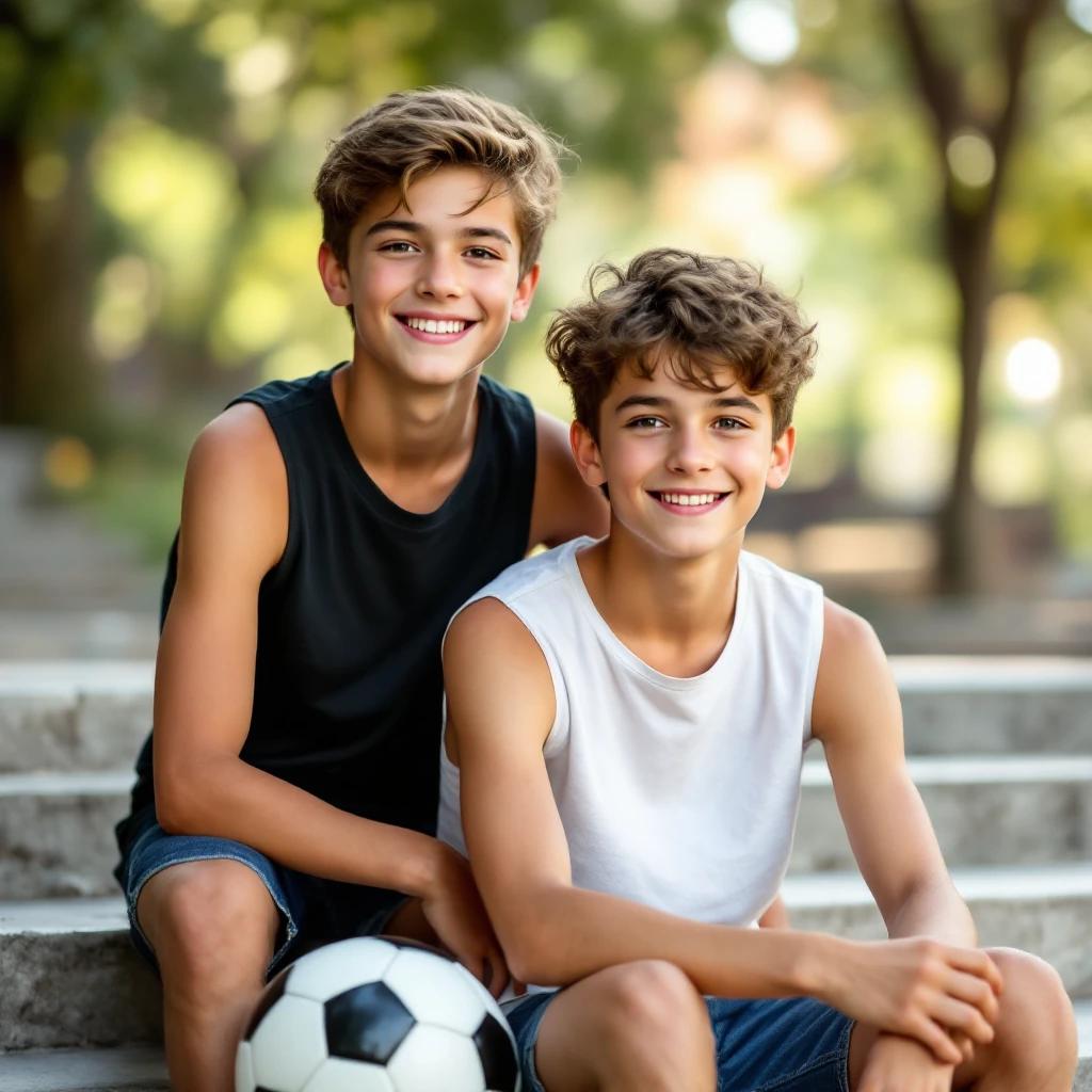 Two teen boys sit on steps at the park. One boy wears a black sleeveless tee and the other a white sleeveless tee. They are in short jeans. A soccer ball is placed on the steps beside them. Bright natural setting surrounds them.