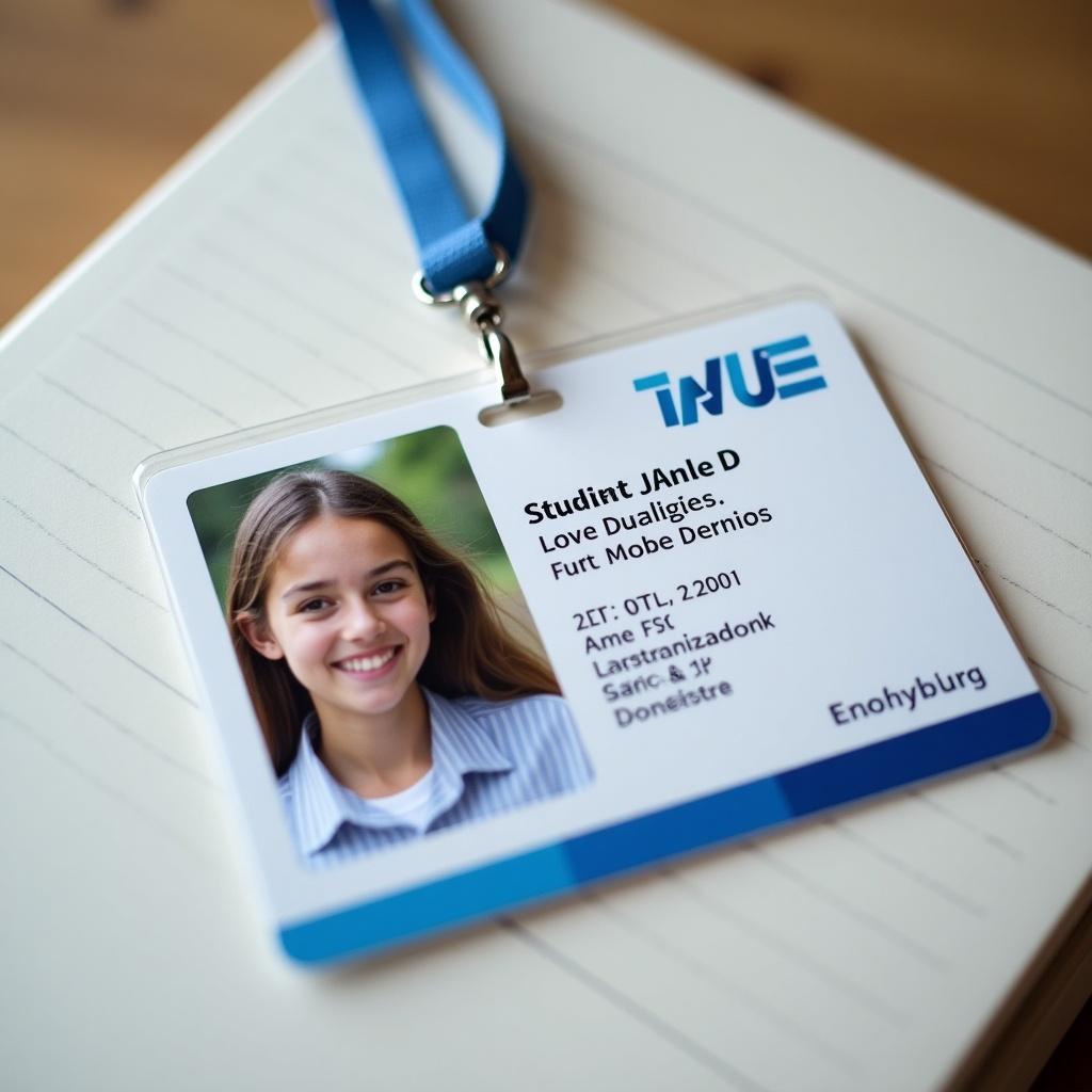 Image of a student ID card with specific details. Blue and white design. Name and ID number present. Lanyard attached for carrying.