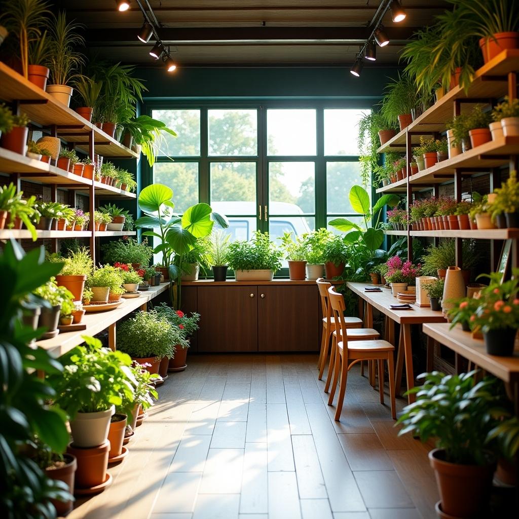 The image showcases a beautifully designed plant nursery retail shop. It features shelves filled with green potted plants, providing a vibrant and fresh atmosphere. The room is flooded with natural light from large windows, enhancing the shop's inviting feel. Wooden tables are arranged on either side for customers to interact with the plants. The overall design emphasizes the beauty of greenery and offers a warm shopping experience for plant enthusiasts.