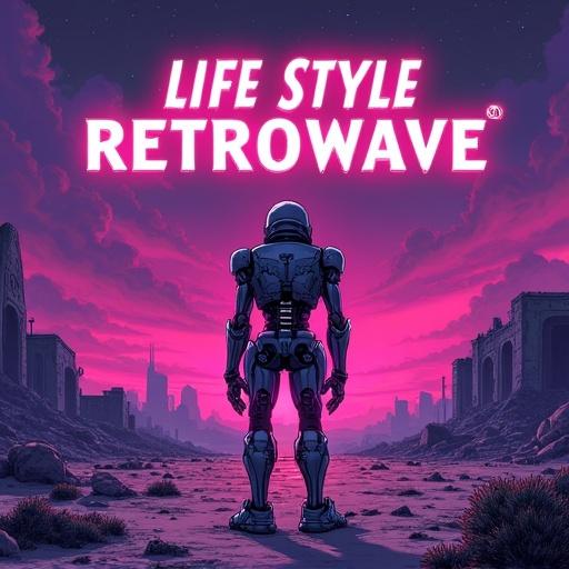 A comic book style image with an 80's retrowave aesthetic. Features a post-apocalyptic desert scene with purple and neon tones. Glowing skies and desolate ruins are in the background. A detailed cyborg stands in the foreground, illuminated by neon lights. Bold retro-futuristic font displays the text 'Life Style Retrowave' above the scene. High detail and vibrant colors enhance the dramatic lighting.