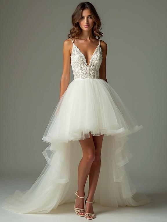 Bridal fashion model wearing a short wedding dress. The dress features a deep V-neck and a layered tulle skirt. Model is standing with hands on hips, wearing strappy heels.