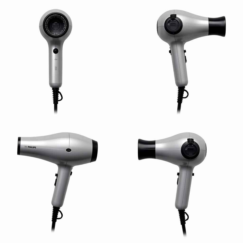 Display of the Philips SalonDry hairdryer includes front, back, top, bottom, and side views. Product is centered and well-lit for clarity. Color scheme includes silver and black details.