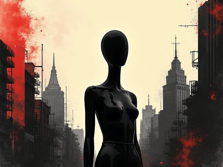 Faceless black mannequin in urban scenery. Minimalist abstract illustration. Bold monochrome background with sharp colors. Clean negative space. Surreal and emotive composition. Fashion editorial vibe. High-concept visual storytelling.