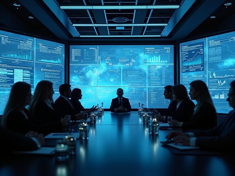 Corporate boardroom featuring executives engaged in discussion. Multiple data screens display information. Dimly lit environment creates a focus on the participants and screens.