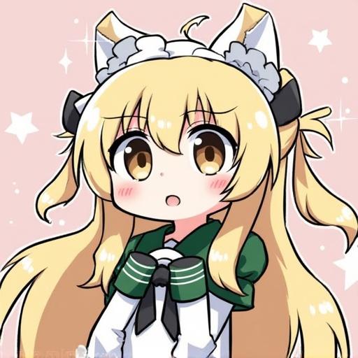 Illustration of an anime girl with fox ears and a maid outfit. The character has blonde hair and brown eyes. The background is pink with stars.